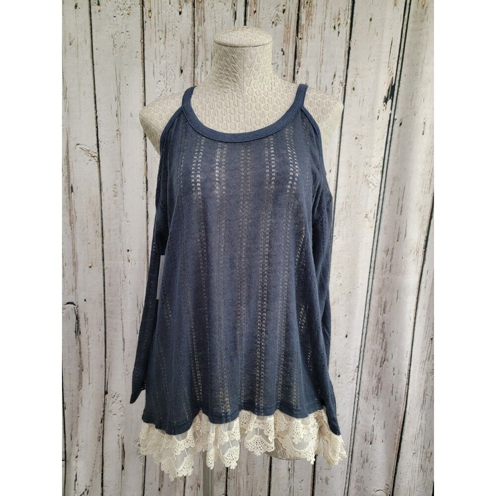 Tassels N Lace Small Peasant Boho Sheer Cold Shoulder Crochet Lace Sweater EUC